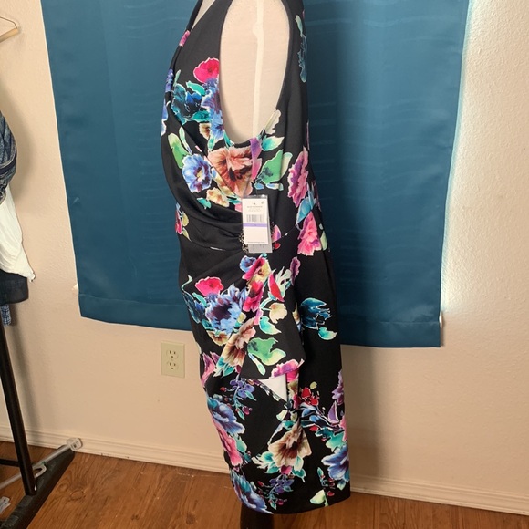 ALEX EVENINGS Women's Short Crepe Dress w/ Side Ruched Waist Black Floral Sz 18 - Picture 7 of 10